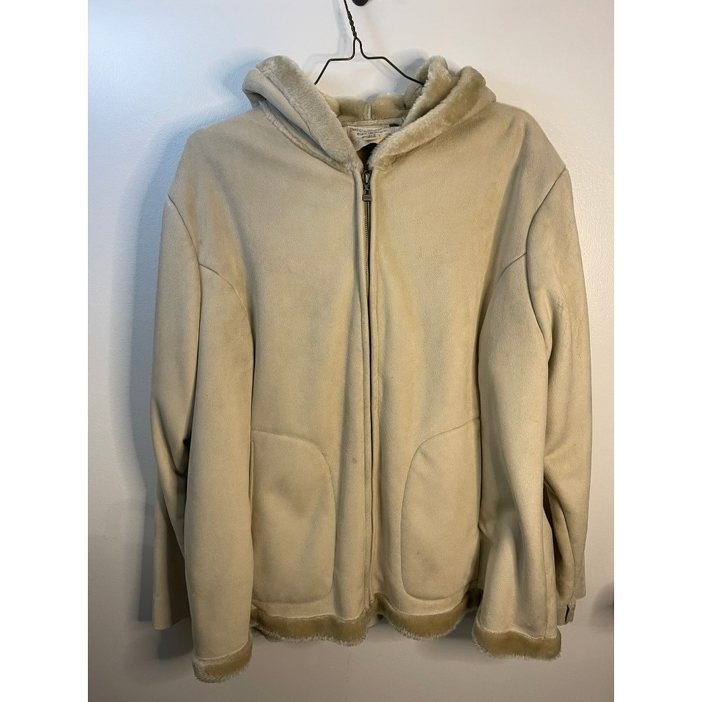 Mulberry Street Womens 3X Faux Suede Fur Lined Zip Up Hooded Jacket‎ Beige